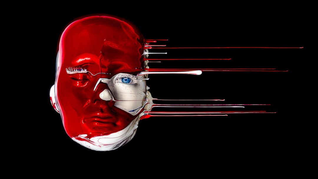 Humanoid robot head with glowing blue eyes and circuitry details